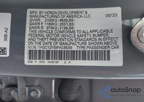 2023 Honda Accord Hybrid Sport z USA, uszkodzony, nr VIN 1HGCY2F59PA038059